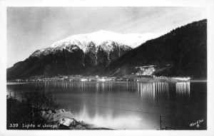 RPPC LIGHTS OF JUNEAU ALASKA WINTER POND REAL PHOTO POSTCARD (c. 1940s)