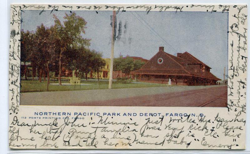 Northern Pacific Railroad Depot Fargo North Dakota 1905 postcard