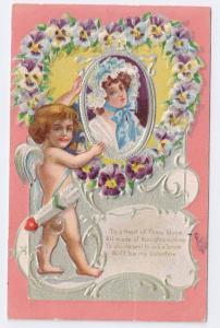 Vintage Valentine Postcard Cupid Pansy Heart Pretty Woman Silver Gilt Embossed