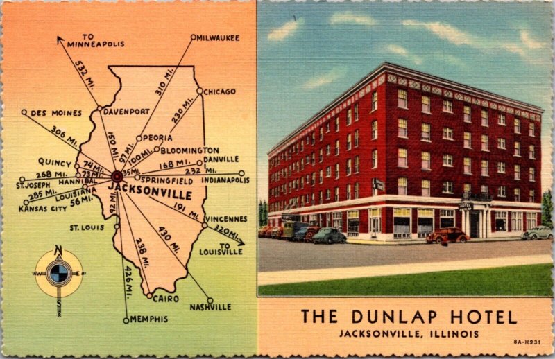 Linen Postcard The Dunlap Hotel and Map in Jacksonville, Illinois