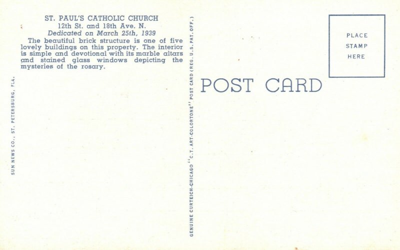 Vintage Postcard 1930's St. Paul's Catholic Church St. Petersburg FL Florida