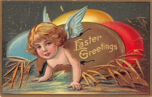 Easter Greetings winged cherub coming out of eggshell antique pc BB1630