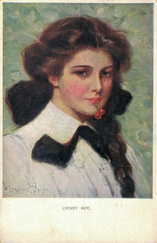 Artist Signed Art Nouveau Beautiful Lady with cherries 05.61