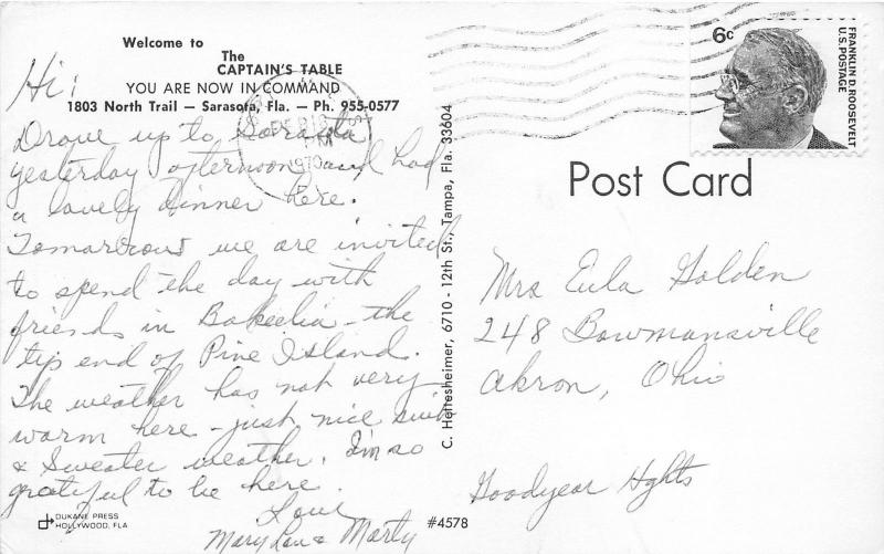 Sarasota Florida~Captain's Table Restaurant~2 Views~Dining Room~1970 Roadside