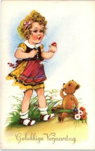 GELUKKIGE VERJAARDAG -  Happy Birthday Greeting GIRL with BEAR  c1940s  Postcard