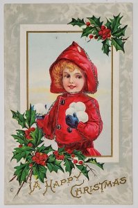 Christmas Girl Red Hooded Coat Snowballs Holly Glitter Decorated Postcard Y3