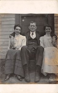 Man with Two Women Real Photo Unused 