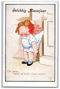 Oilette Tuck Postcard Little Girl Stuck On The Door I hope He Won't Come Along