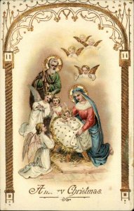 Christmas Nativity Baby Jesus Mary Joseph Angels Gilt Inlay c1910 Postcard