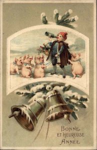 Bonne et Heureuse Annee New Year Boy with Pigs Drinking Champagne c1910 PC