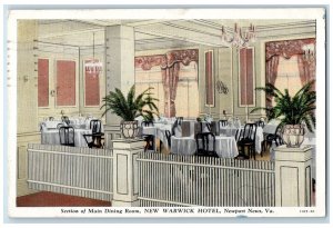 1938 Dining Room Warwick Hotel Restaurant Newport News Virginia VA Postcard