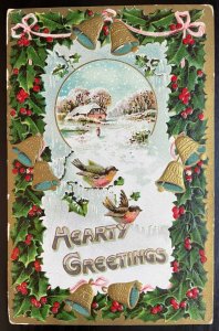 Vintage Victorian Postcard 1908 Hearty Greetings - Holly Border