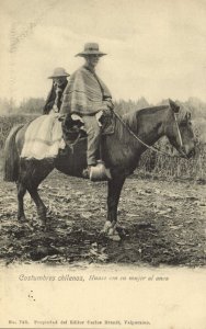 chile, Costumbres Chilenas, Huaso con su Mujer al Anca (1900s) Brandt Postcard