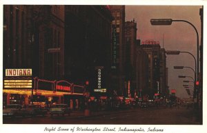 USA Night Scene of Washington Street Indianapolis Indiana Chrome Postcard B92