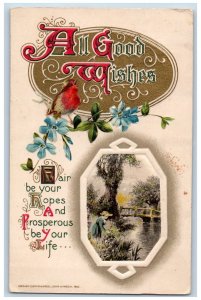 John Winsch Artist Signed Postcard Birthday Wishes Flowers Song Bird River Scene