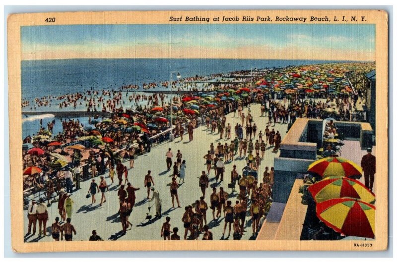 c1940 Surf Bathing Jacob Riis Park Rockaway Beach Long Island New York Postcard 