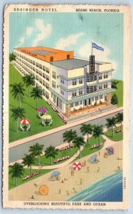1938 Miami Beach Florida Postcard Edsinger Hotel Overlooking Beautiful Park