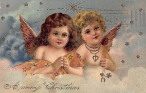 child angels good luck charm gold trim Christmas postcard Finkenrath c1907 ac118