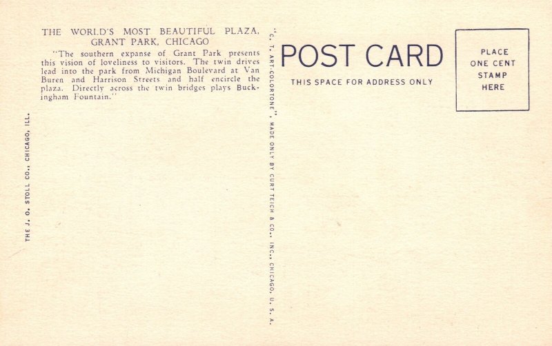 Vintage Postcard 1920's World's Most Beautiful Plaza Grant Park Chicago Illinois