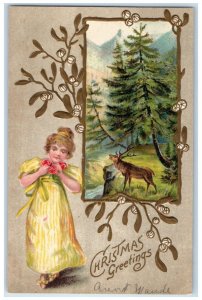 Christmas Greetings Girl Flowers Buck Deer Mistletoe Embossed Nash Postcard