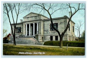 c1910's  Iowa City IA, Public Library Scene Street Trees Front Antique Postcard