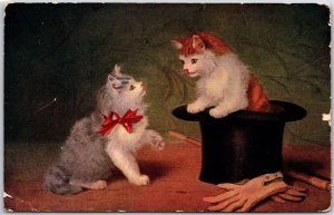 Kittens, 1909 Gray Cat with Red Ribbon, Orange Cat in Black the Hat, Postcard