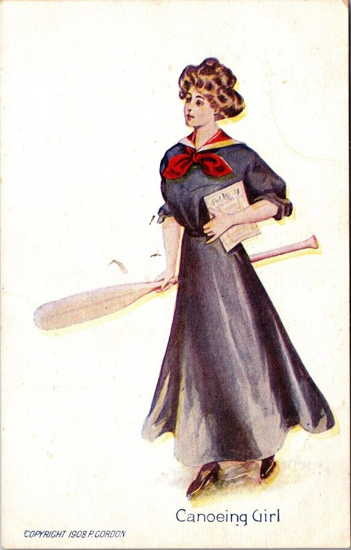 P. Gordon Artwork Postcard Canoeing Girl Woman Holding Wooden Oar