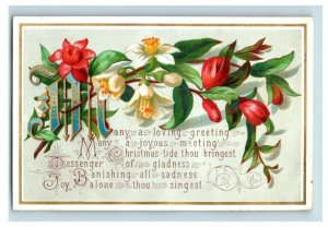 1880s-90s Victorian Christmas Card Poem Flowers Fab! P214