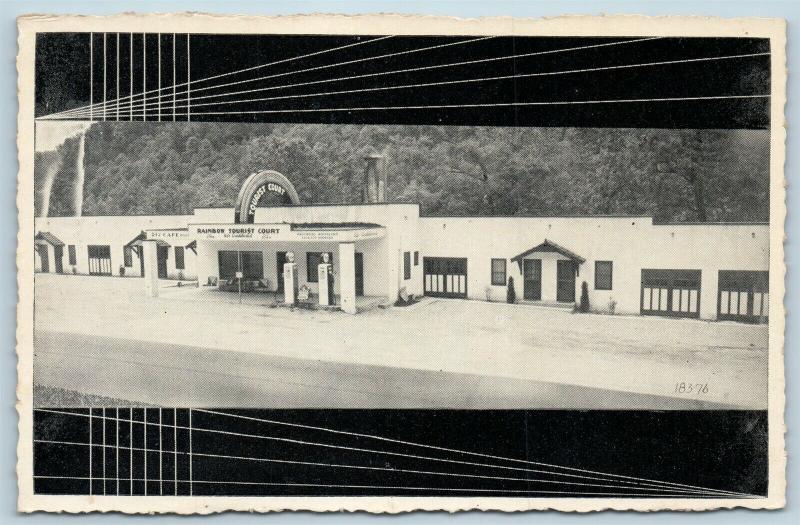 Postcard TN LaFollette Rainbow Tourist Court Standard Esso Gas Service Pumps S17