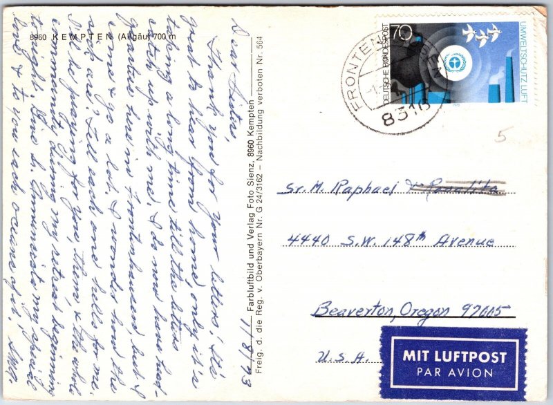 VINTAGE CONTINENTAL SIZE POSTCARD AERIAL VIEW OF KEMPTEN THE GERMAN ALGAU REGION