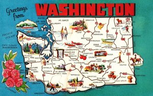 Vintage Postcard Greetings From Washington Map Evergreen State WA