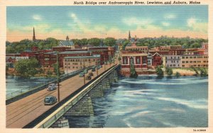 Vintage Postcard 1930's North Bridge Over Androscoggin River Lewiston Auburn ME 