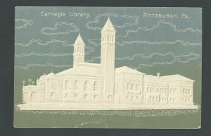 1906 Post Card Pitts PA Carnegie Library Blue Green & White Airbrushed--