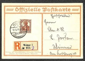WEIMAR GERMANY #101 STAMP NATIONAL ASSEMBLY EXPOSITION REGISTERED POSTCARD 1919