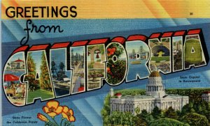 1940s Large Letter Greetings from California Postcard 