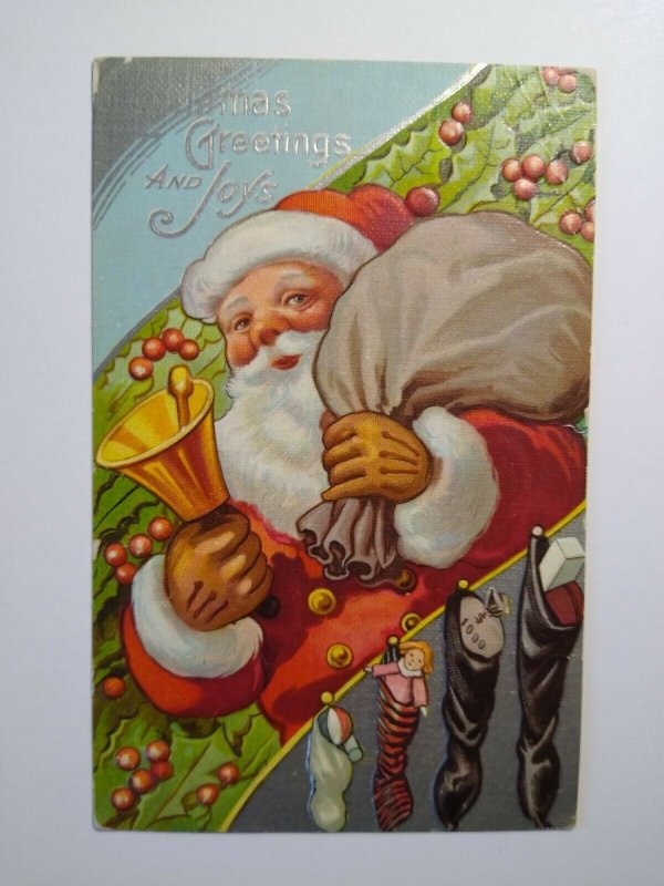 Santa Claus Holding Bell Vintage Christmas Postcard Stocking With Gifts Series 2