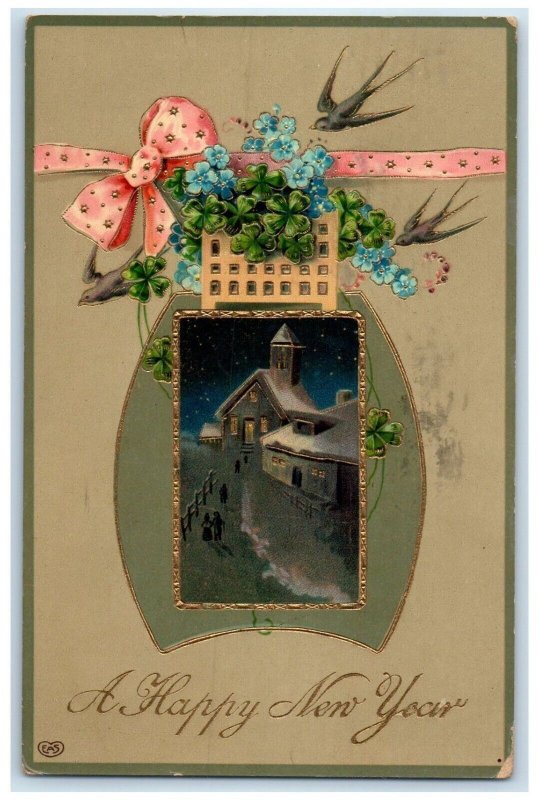 1910 New Year Flowers Shamrock Birds Houses Gel Gold Gilt Cumberland MD Postcard