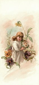 1880s-90s Young Girl in Dress Holding Bouquet White Flowers Trade Card