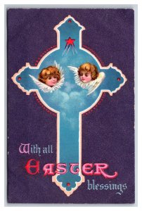 Purple Cross Angels Star Easter Blessings Embosed UNP DB Postcard L17