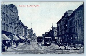 Grand Rapids Michigan MI Postcard Canal Street Buildings Streetcars Horse 1908