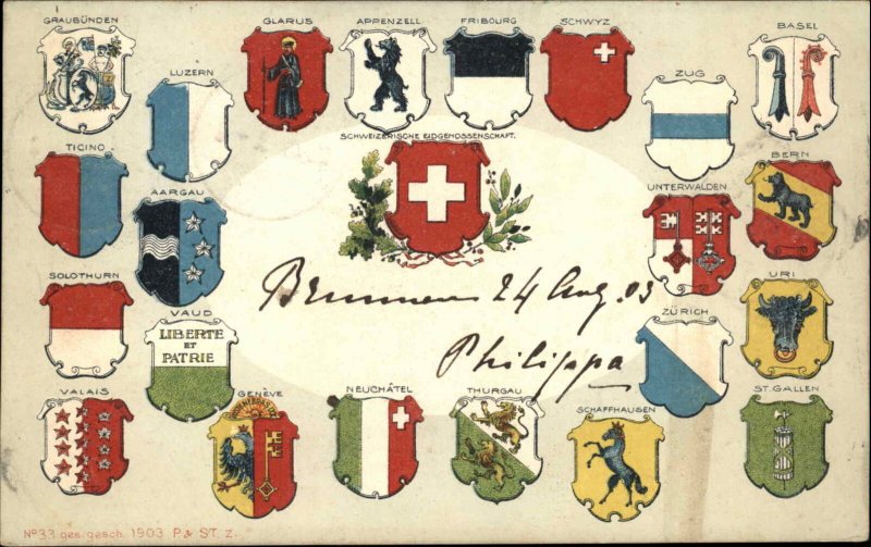 Switzerland Swiss Suisse Heraldic Cantons Crests Shields c1910 PC