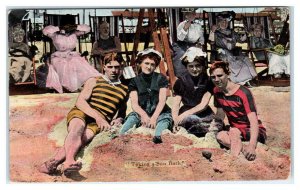 ATLANTIC CITY, NJ ~ 2 Young Couples in Old Fashioned SWIM SUITS  1909   Postcard