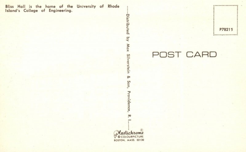 Vintage Postcard Bliss Hall College Of Engineering University Of Rhode Island RI