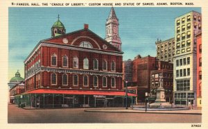 Vintage Postcard 1920's Faneuil Hall Custom House Samuel Statue Adams Boston MA