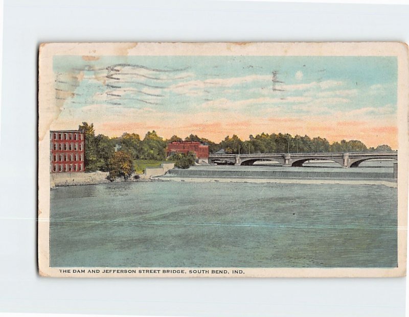 Postcard The Dam And Jefferson Street Bridge, South Bend, Indiana