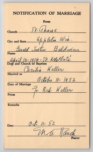Appleton WI Marriage Notice 1952 Gerald Baldwin & Cecilia Keller Postcard M35
