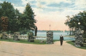 c.1916 Man at Entrance of Lake Nipmuc Park Log Railings, Mendon, Mass. 10c1-447 