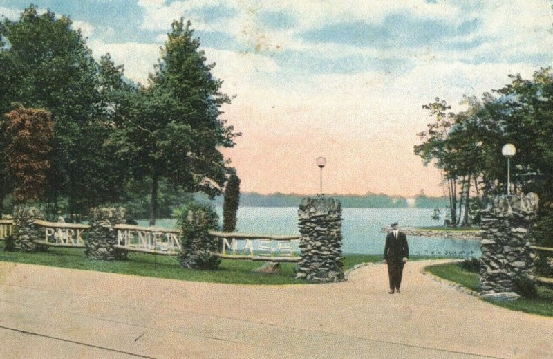 c.1916 Man at Entrance of Lake Nipmuc Park Log Railings, Mendon, Mass. 10c1-447 