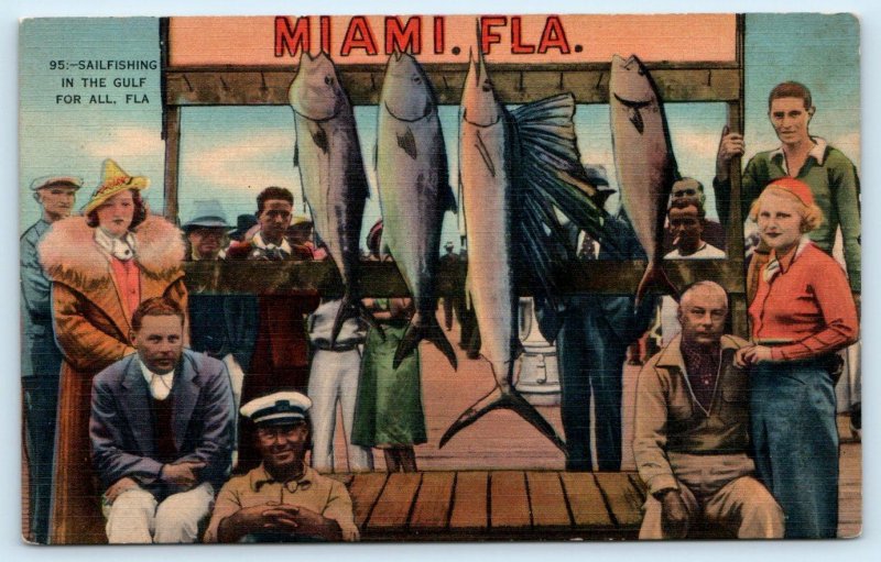MIAMI, Florida FL ~ SAILFISHING in the Gulf c1940s Linen  Postcard