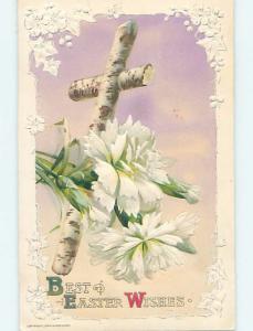 Pre-Linen easter religious WHITE FLOWERS WITH RUSTIC WOODEN JESUS CROSS HL1072